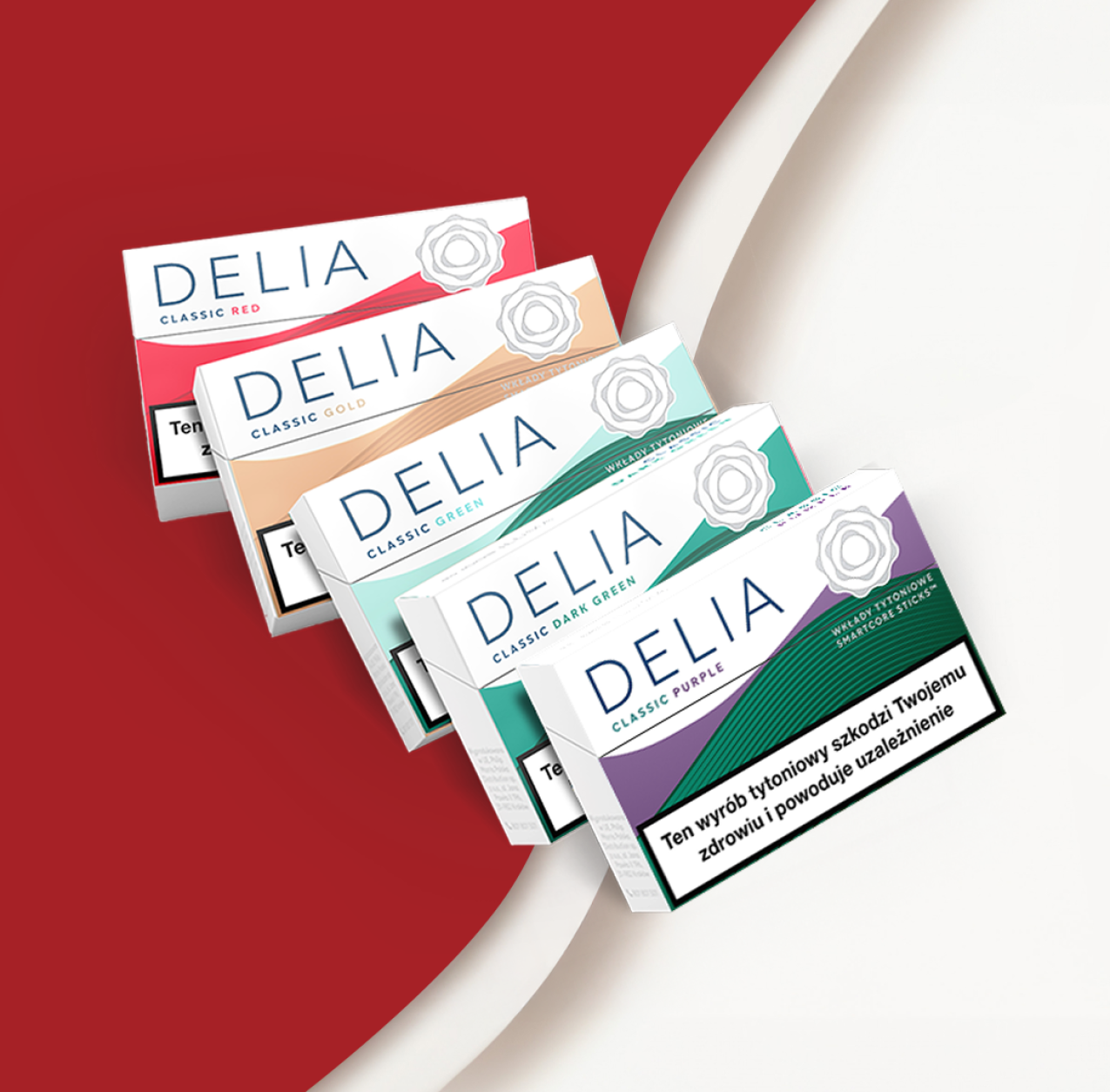 Pięć opakowań wkładów tytoniowych marki DELIA w kolejności: Classic Purple, Classic Dark Green, Classic Green, Classic Gold oraz Classic Red.