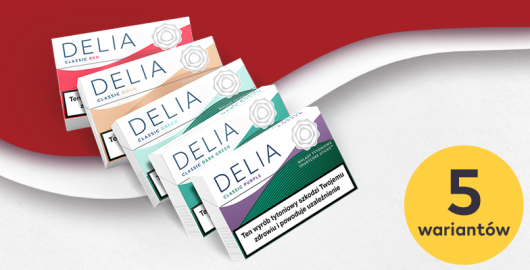 Pięć opakowań wkładów tytoniowych marki DELIA w kolejności: Classic Purple, Classic Dark Green, Classic Green, Classic Gold oraz Classic Red. W lewym dolnym rogu oznaczenie: 5 wariantów