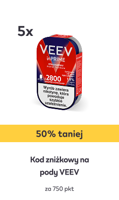 Nagroda w postaci podów VEEV. Napis: 50% taniej. Kod zniżkowy na pody VEEV za 750 pkt.