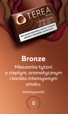 Wariant TEREA Bronze z opisem: Mieszanka tytoni o ciepłym, aromatycznym i bardzo intensywnym smaku. Intensywność 8 oznaczona w niedomkniętym kółku.