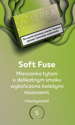Wariant TEREA Soft Fuse z opisem: Mieszanka tytoni o delikatnym smaku wykończona świeżymi niuansami. Intensywność 5 oznaczona w niedomkniętym kółku.