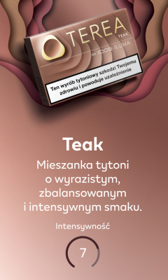 Wariant TEREA Teak z opisem: Mieszanka tytoni o ciepłym, aromatycznym i bardzo intensywnym smaku. Intensywność 7 oznaczona w niedomkniętym kółku.