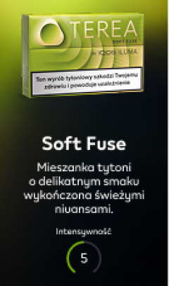 Wariant TEREA Soft Fuse z opisem: Mieszanka tytoni o delikatnym smaku wykończona świeżymi niuansami. Intensywność 5 oznaczona w niedomkniętym kółku.